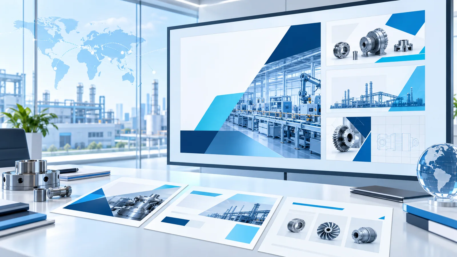 Industrial sales PPT cover design showing product visuals, factory context and presentation layout hierarchy