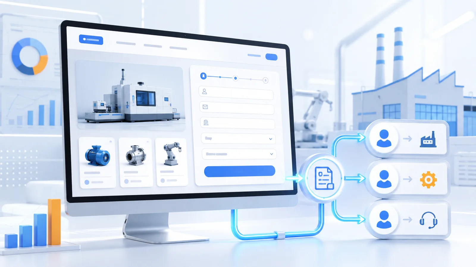 Industrial landing page form connected with product cards, inquiry flow and lead routing
