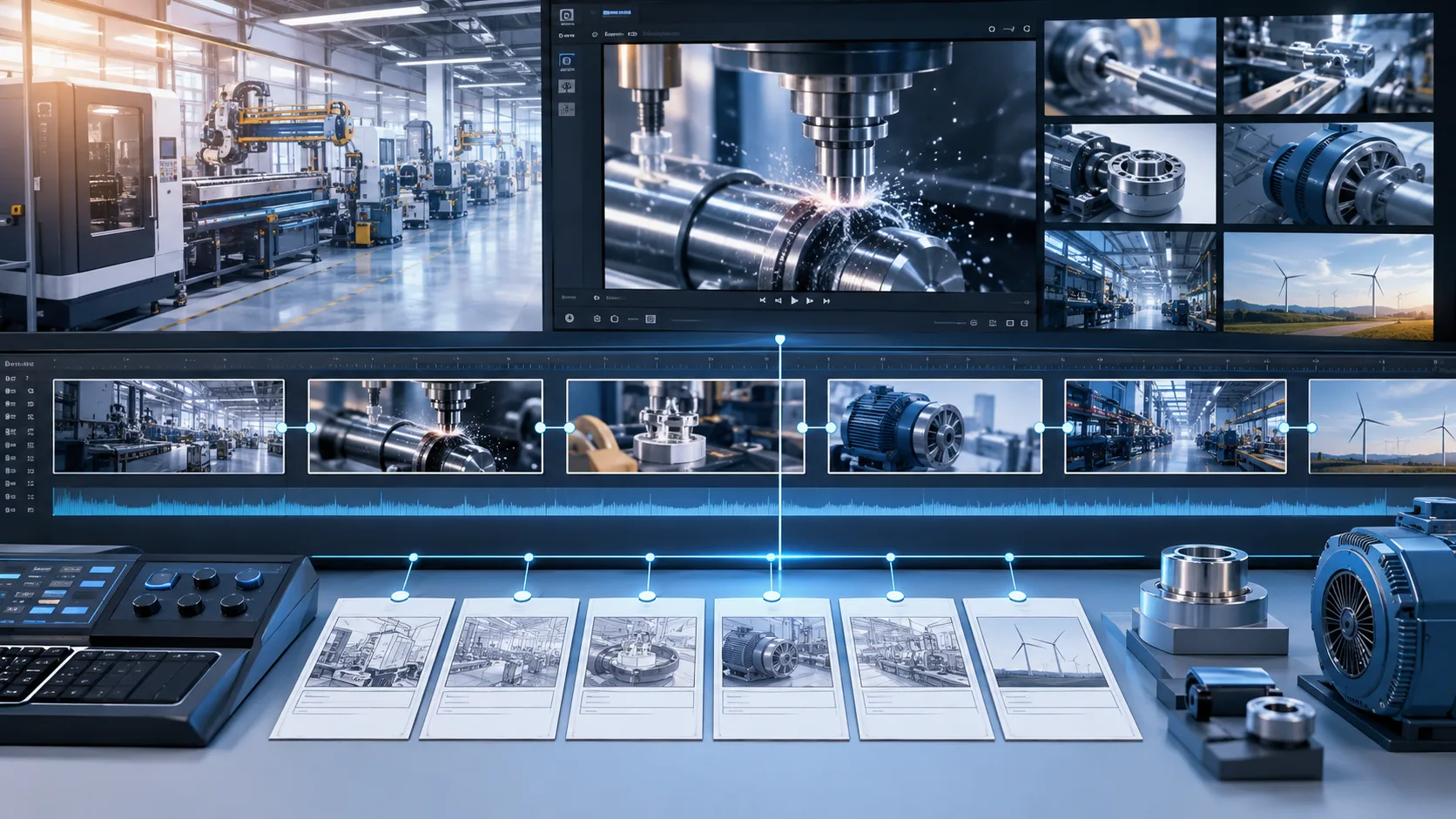 Manufacturing corporate video editing timeline connecting factory scenes, product close-ups, process footage and application shots