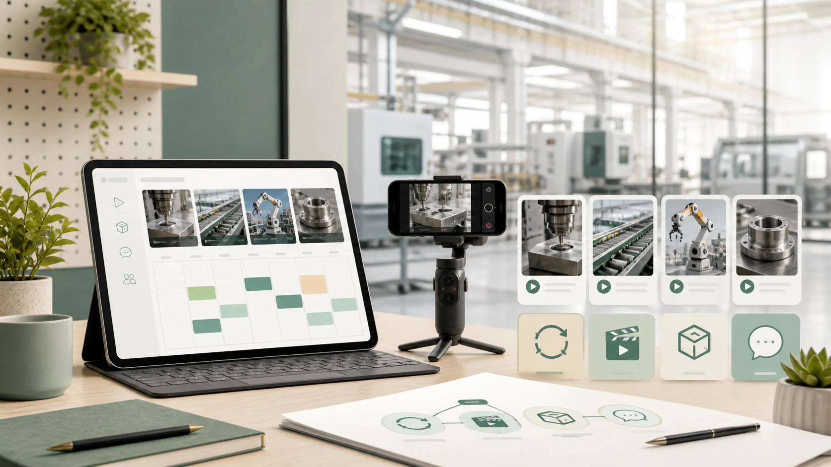 Manufacturing video content calendar with factory filming, product demo clips and reusable sales materials